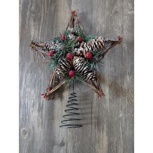 Rustic Christmas Star Tree Topper Pinecones & Real Wooden Sticks Berries 12"